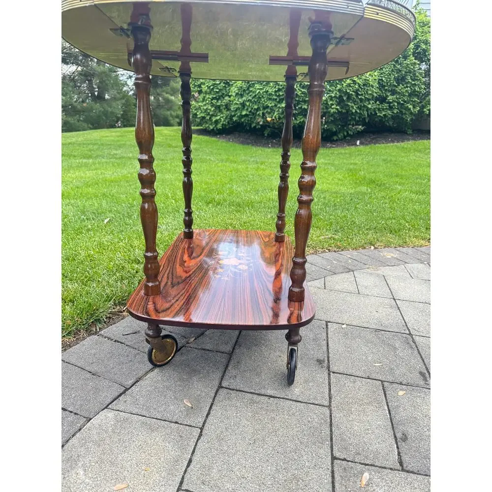 VTG Italian Marquetry Tea & Bar Cart Wood Serving Drop Leaf ~Great For Display
